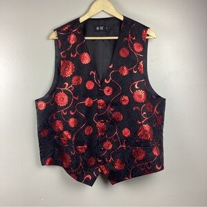 Hi-Tie Men's Black & Red Waistcoat Jacquard Floral Vest Sz. XL